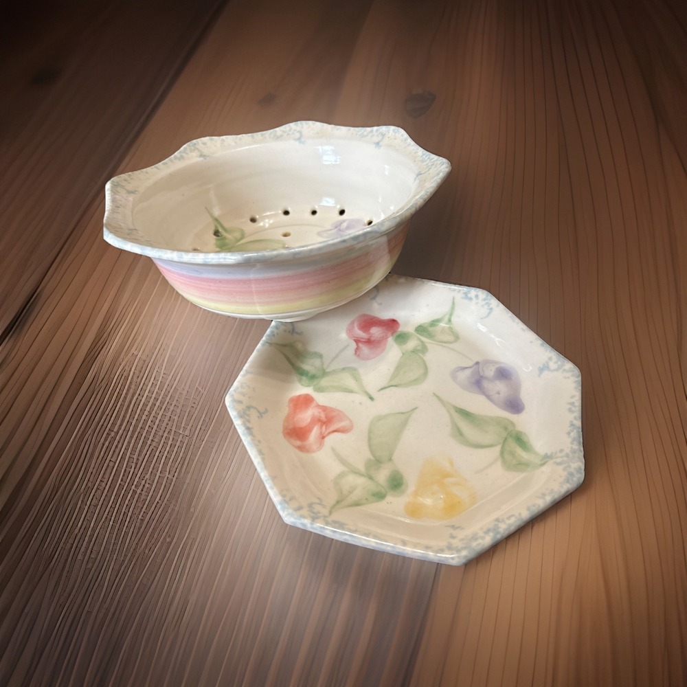 Cheri‎ Pottery Hand Painted Floral Blue Spongewear Berry Bowl & Plate Set Signed
